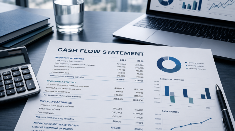 Cash flow statement format with operating cash flow, free cash flow, and financial charts