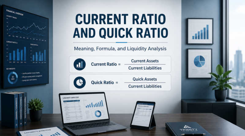 Current ratio and quick ratio formulas with liquidity ratio analysis and financial charts