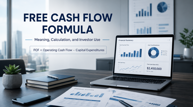 Free cash flow formula with operating cash flow, capital expenditures, and investor analysis