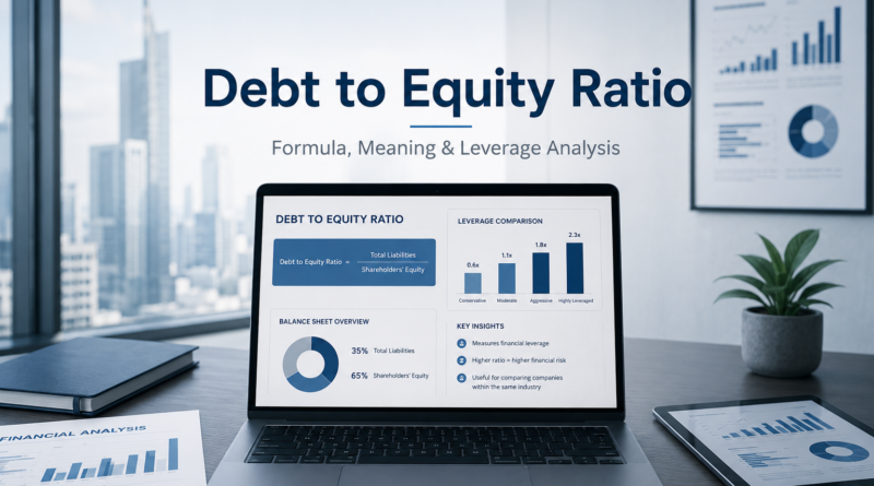 Debt to equity ratio formula with financial leverage analysis, balance sheet charts, and corporate finance dashboard