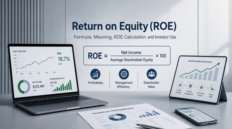 Return on equity formula with ROE calculation, shareholder equity analysis, and financial performance dashboard