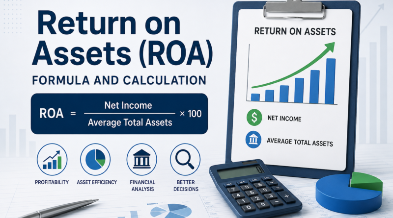 Return on assets formula with ROA calculation, average total assets, net income, and financial analysis dashboard