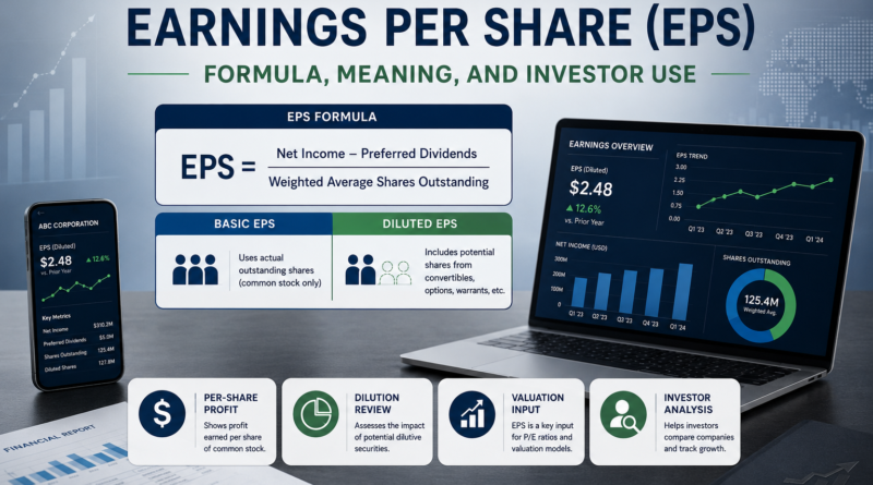 Earnings per share formula with EPS calculation, diluted EPS, weighted average shares, and investor analysis dashboard