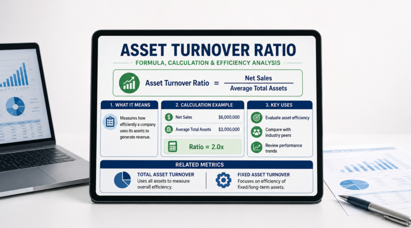 Asset turnover ratio formula with net sales, average total assets, calculation example, total asset turnover, and fixed asset turnover analysis