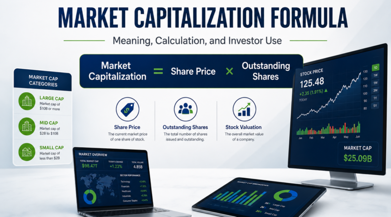 Market capitalization formula with share price, outstanding shares, market cap categories, and stock valuation analysis
